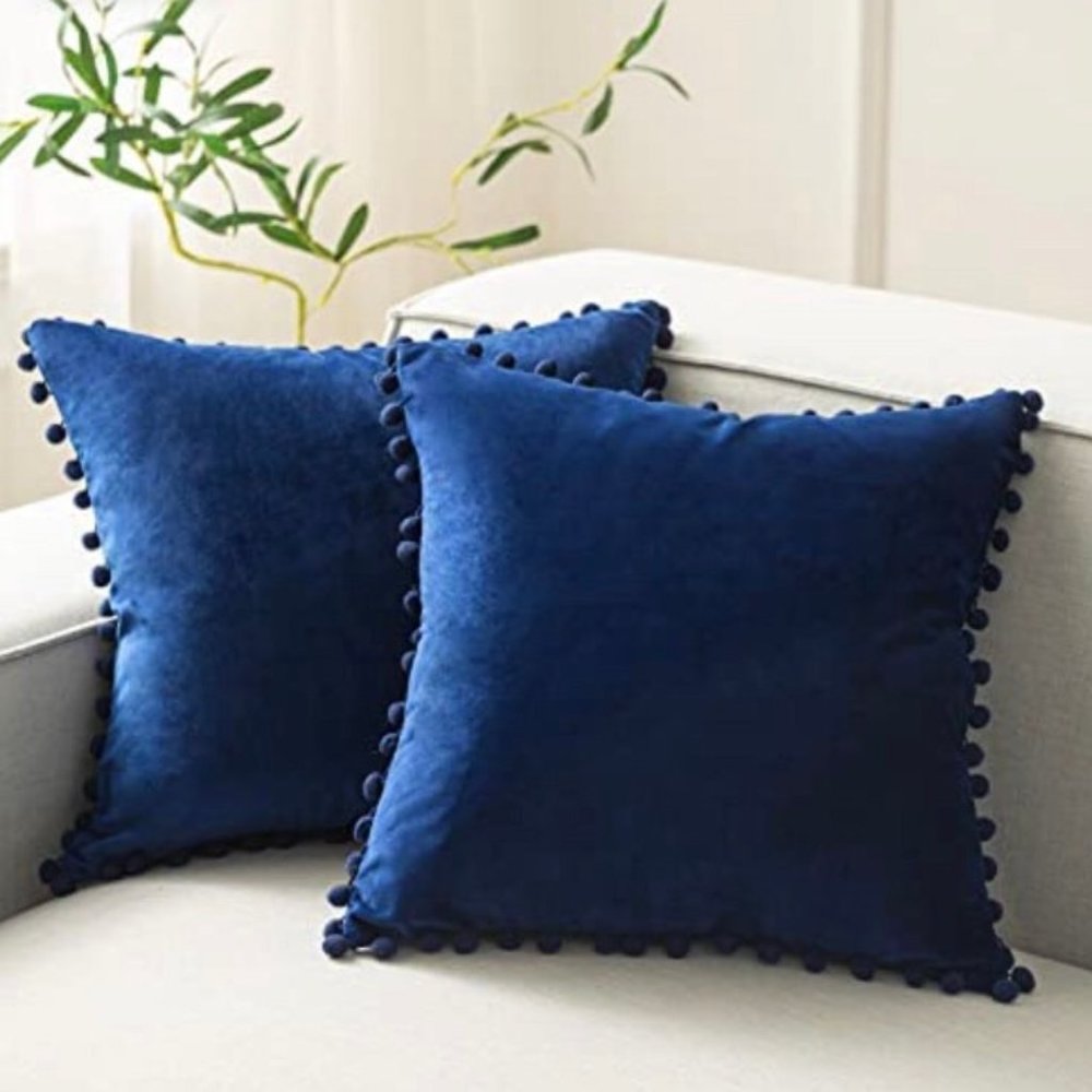 (Only Covers) Set of 2 Poms Poms Velvet Decorative Pillow Covers, Navy